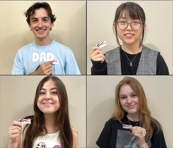 JUST VOTED: Seniors William Gum, Ayaka Chao, Marley Hall, and Abigail Bode pose with their I Voted stickers. All four students cast their vote in the 2024 Presidential Primary election this March. Eligible students can register to vote by visiting VoteTexas.org.